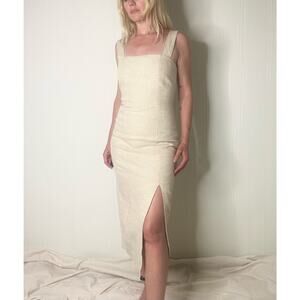 VENROY Ecru Square Neck Sleeveless Linen Side Slit Midi Dress US XS